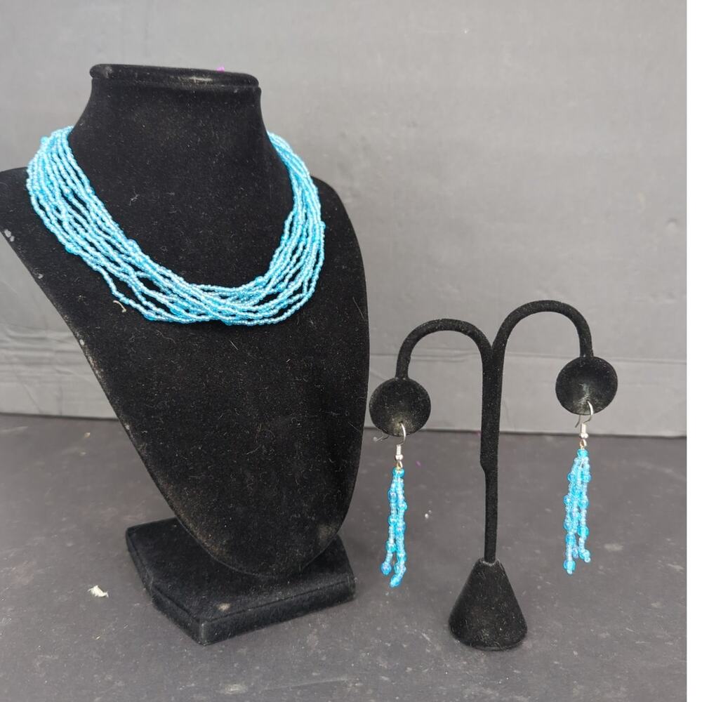 Turquoise Blue Multi Strand Seed Bead Necklace Dangle Earrings Set